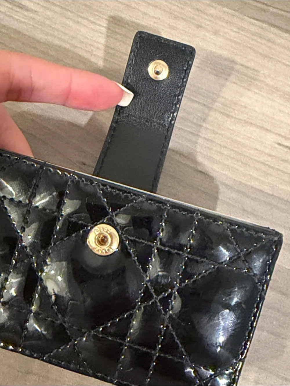 Lady Dior Black Patent Quilted Card & Key Holder with Gold Charm